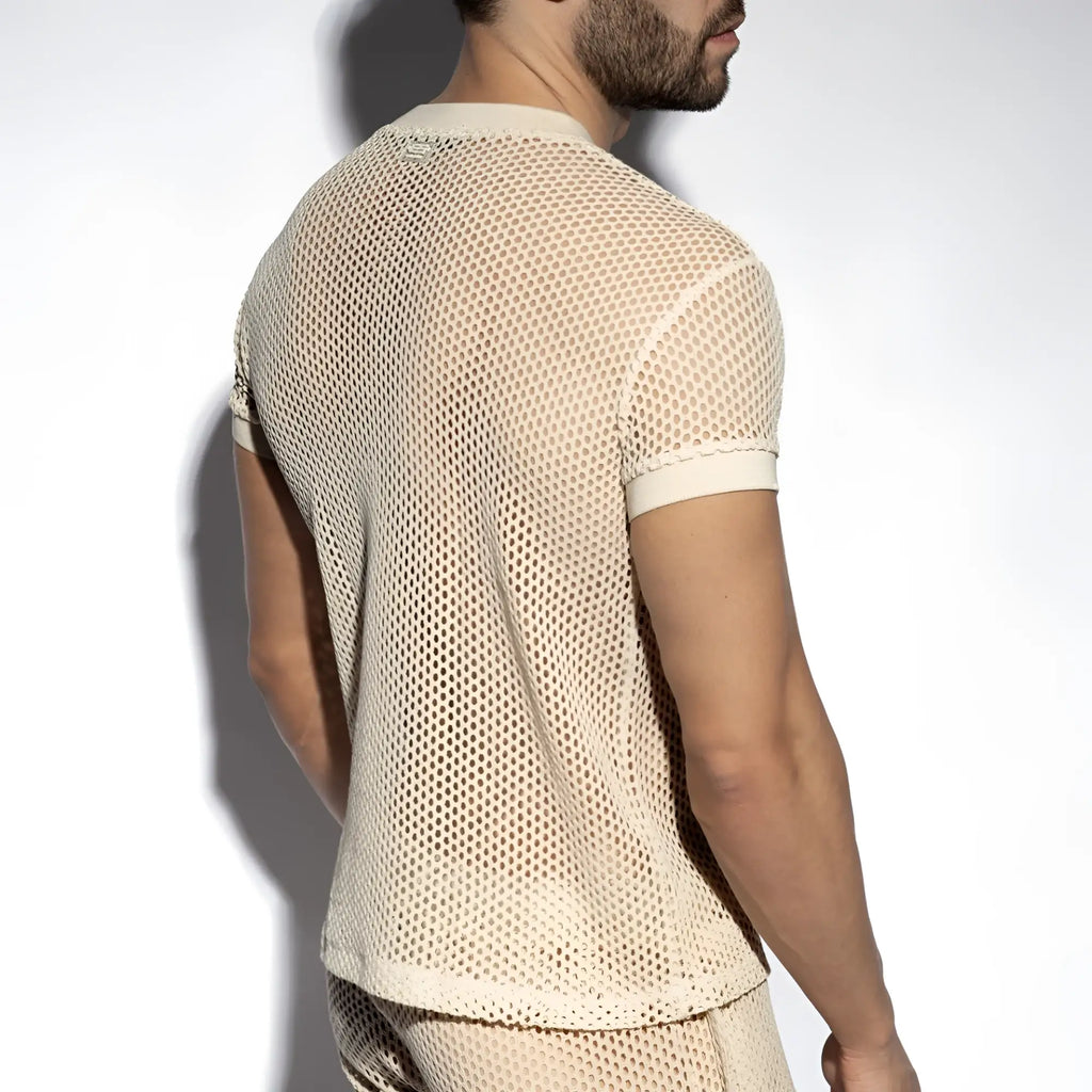 Beige raw crochet t-shirt with mesh short sleeves round neckline and solid ribbed cuffs