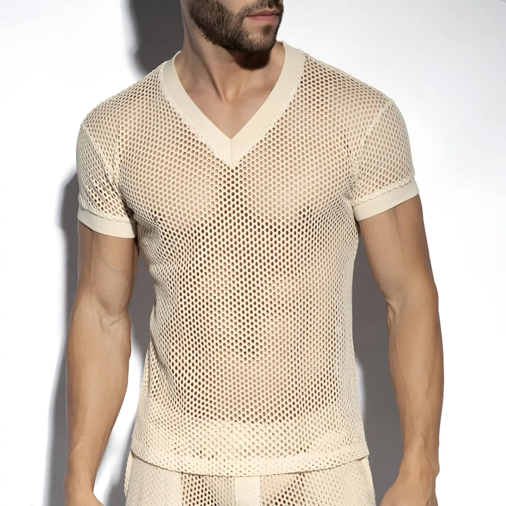 Beige mesh raw crochet t-shirt with v-neck and short sleeves featuring solid trim for casual wear