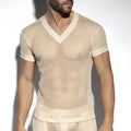Beige mesh raw crochet t-shirt with v-neck and short sleeves featuring solid trim for casual wear