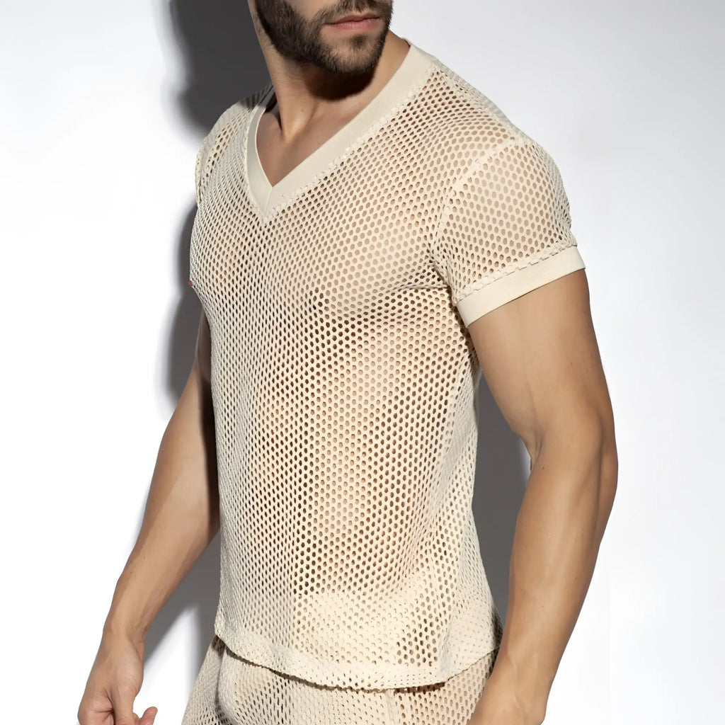 Beige raw crochet t-shirt with mesh v-neck short sleeves and subtle textured pattern