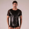 Black mesh and faux leather rebel t-shirt with short sleeves and a sleek modern design