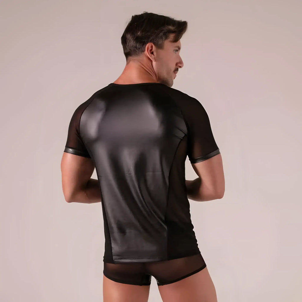 Back of black rebel t-shirt with glossy faux-leather panel and sheer mesh fabric on sleeves and sides
