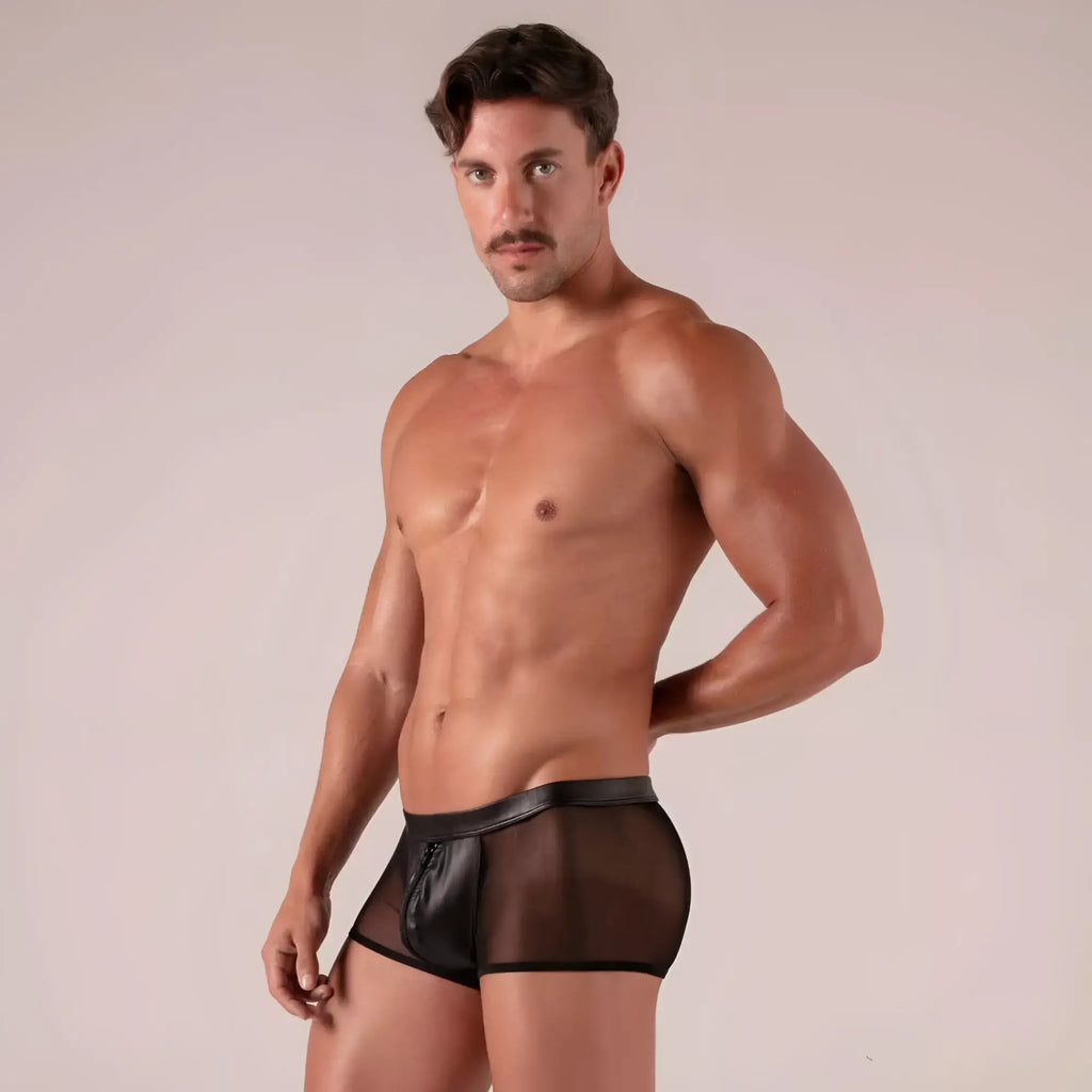 Black sheer mesh rebel zipped trunks briefs with faux leather waistband and front zipper detail