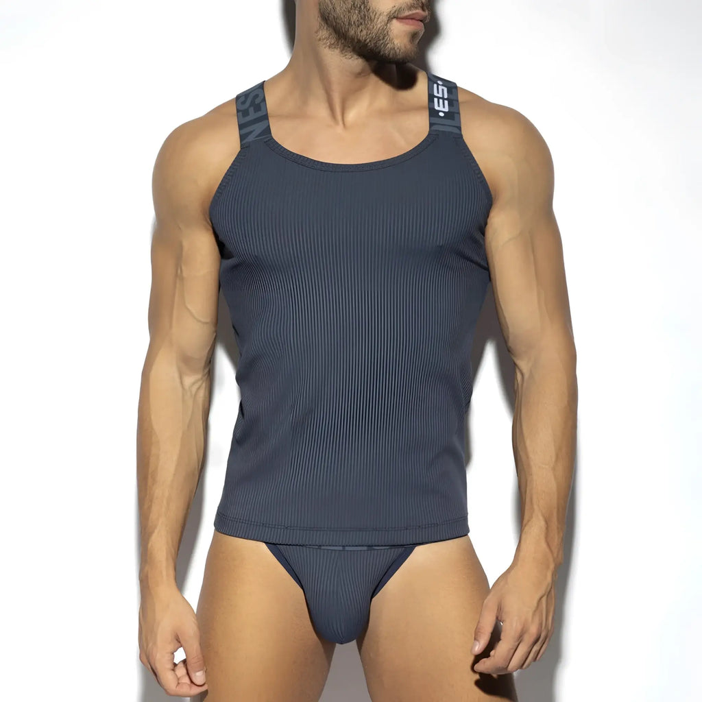 Dark gray recycled rib tank top and matching briefs with sleek design and branded shoulder straps front view