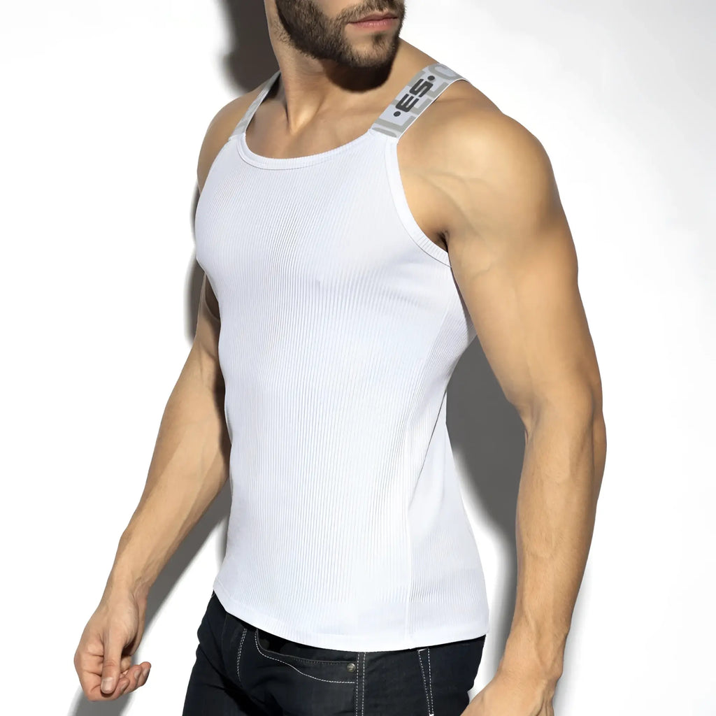 White recycled rib tank top featuring a ribbed texture and gray branded strap for casual wear