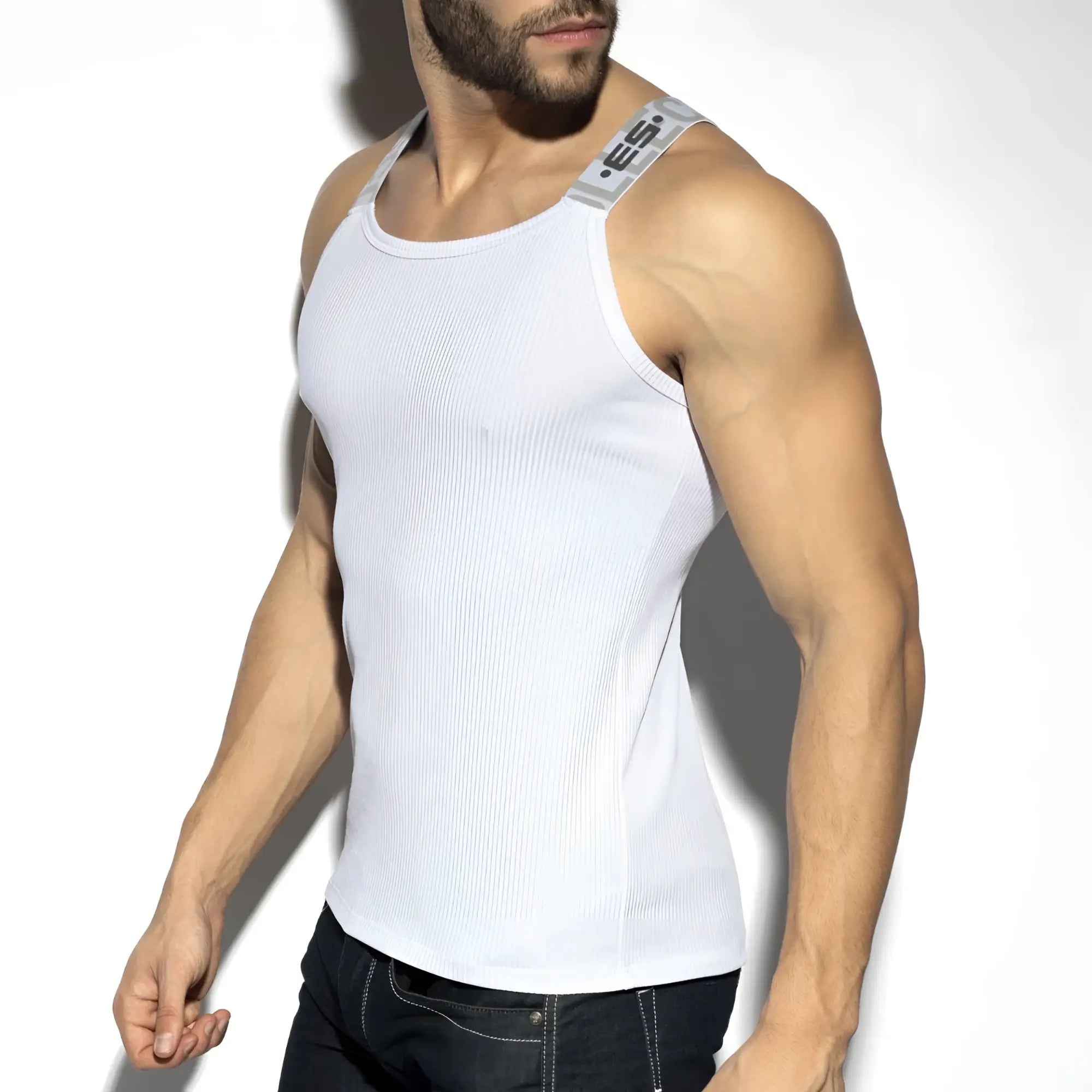 White recycled rib tank top featuring a ribbed texture and gray branded strap for casual wear