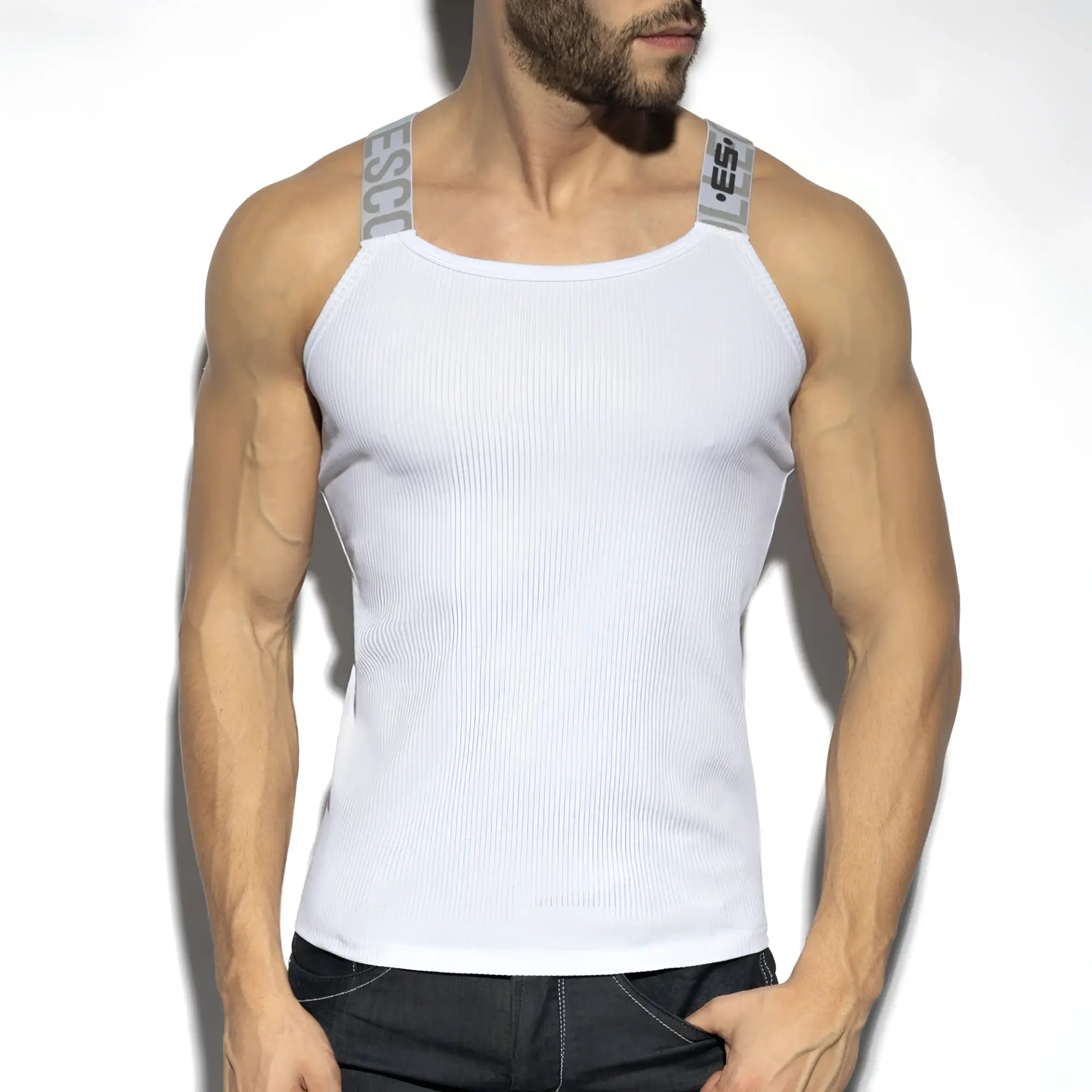 White recycled rib tank top with ribbed fabric and gray branded shoulder straps for casual wear
