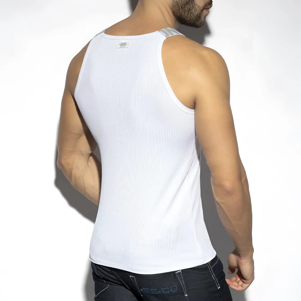 White recycled rib tank top with ribbed texture and subtle gray trim along shoulder straps