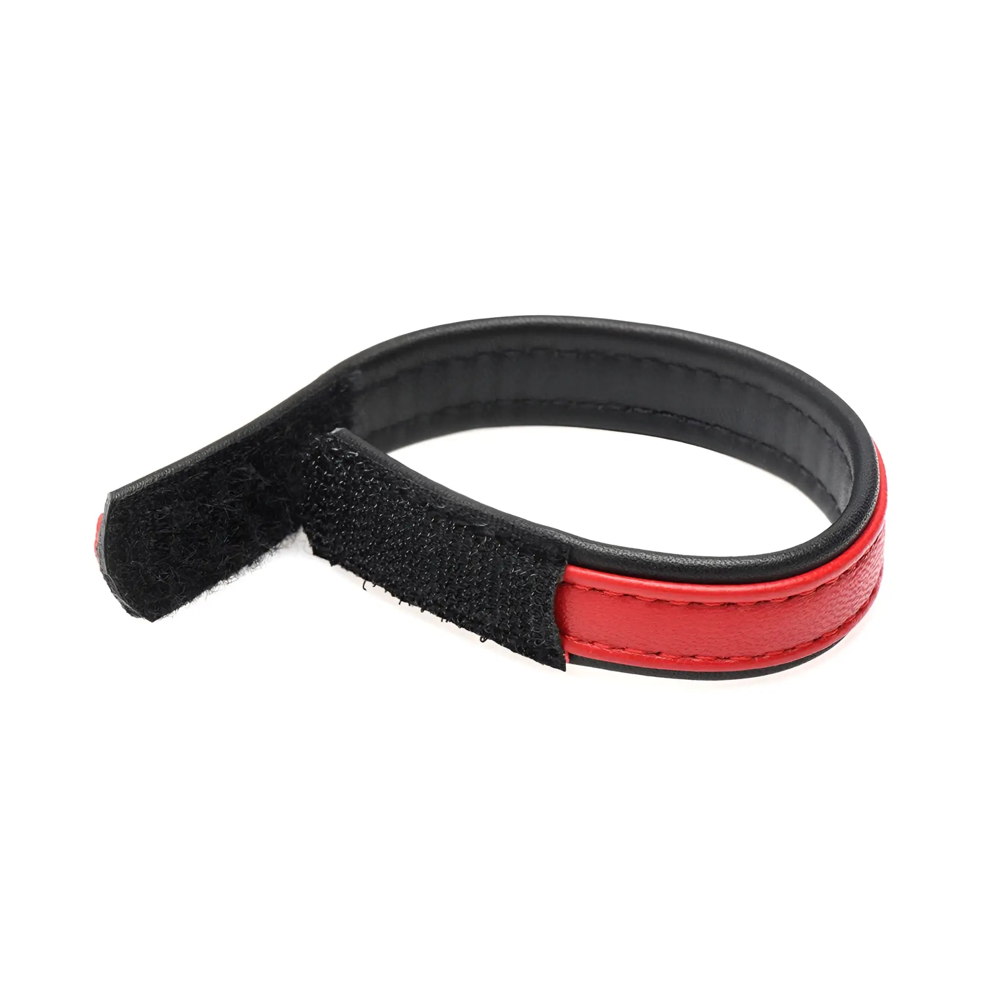 Red leather cock ring with black leather strap and velcro closure for adjustable secure fit