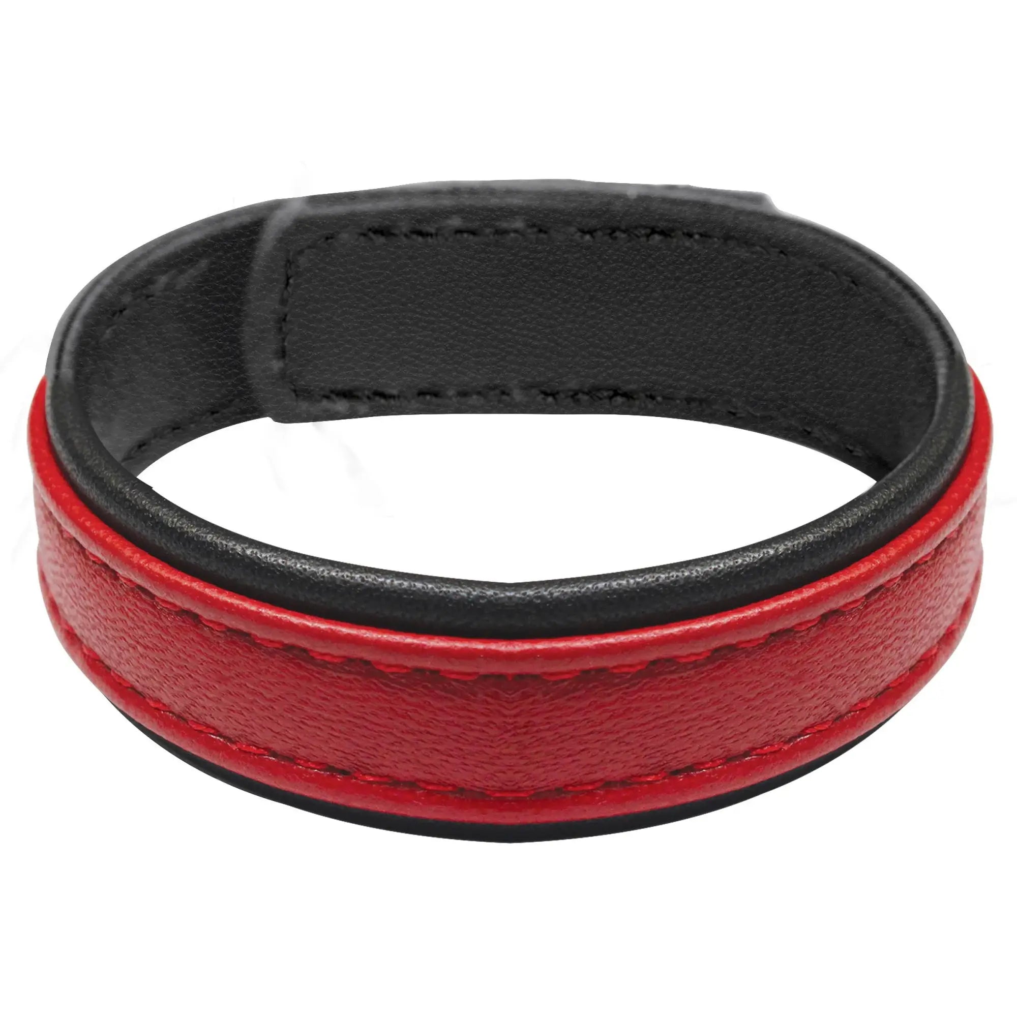 Red leather cock ring with velcro featuring a red and black leather wristband with contrasting stitching
