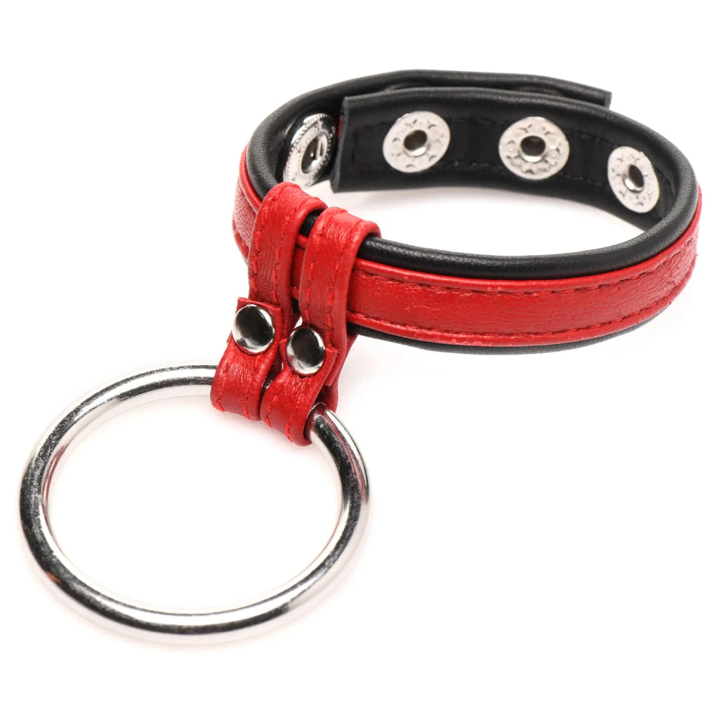 Red leather and steel cock and ball ring featuring a red and black leather keychain with silver-toned hardware