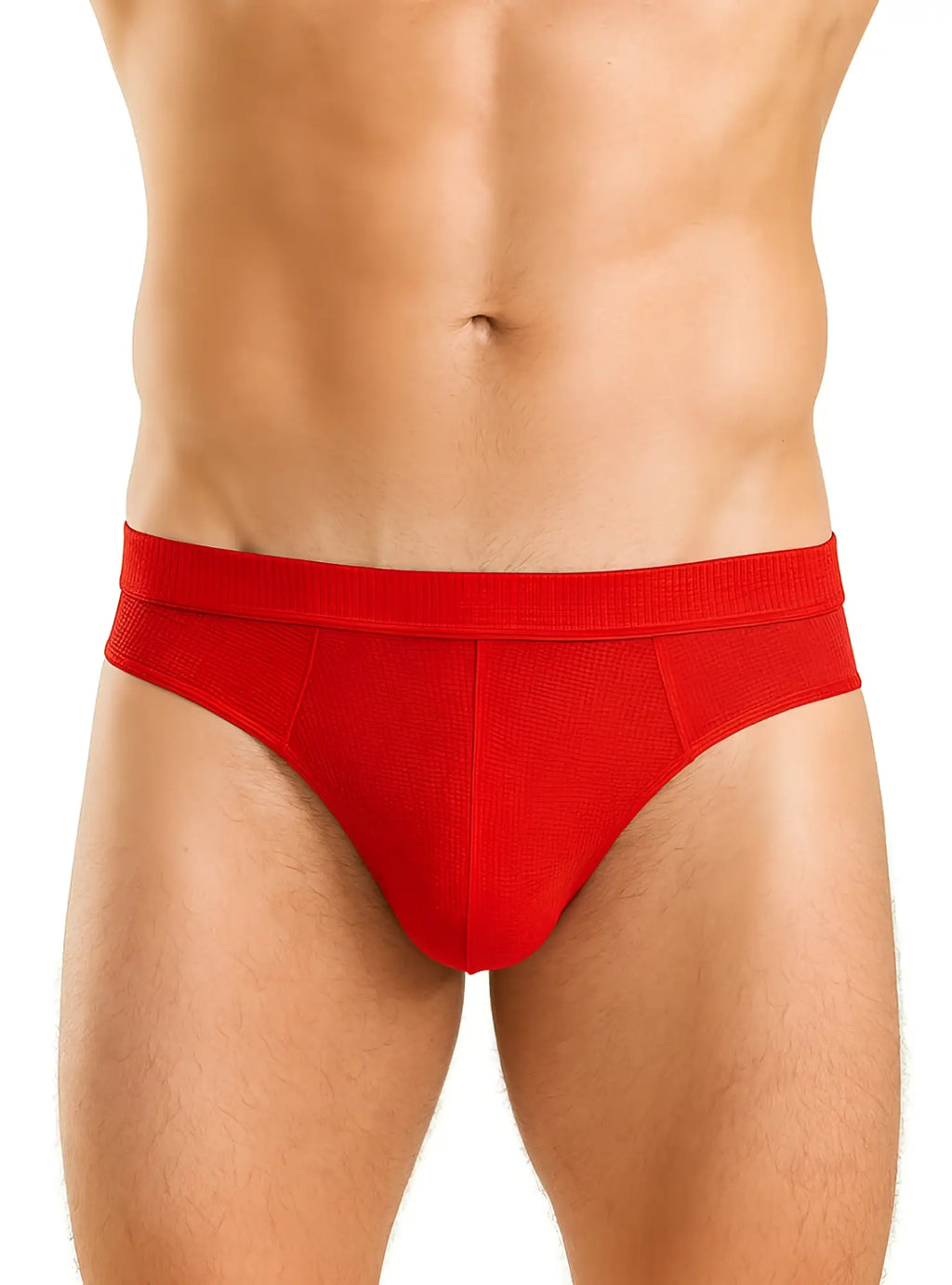 Red relax jockstrap textured briefs in red with a ribbed waistband for comfortable support