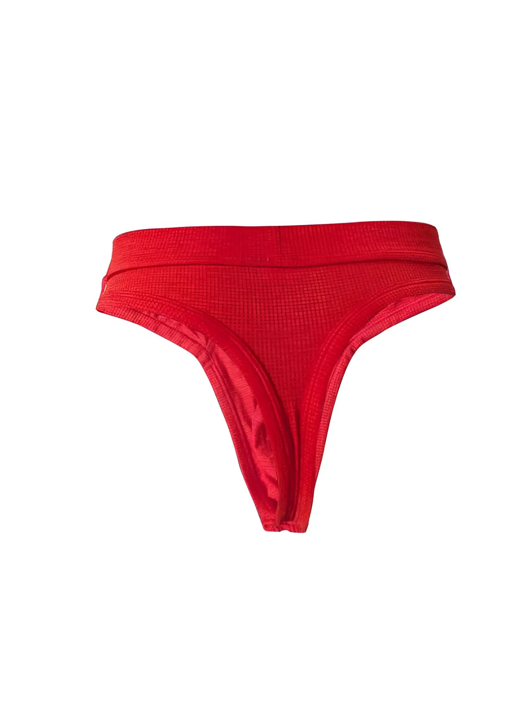 Red Relax Thong red ribbed fabric thong with smooth satin-like inner lining shown from the back side