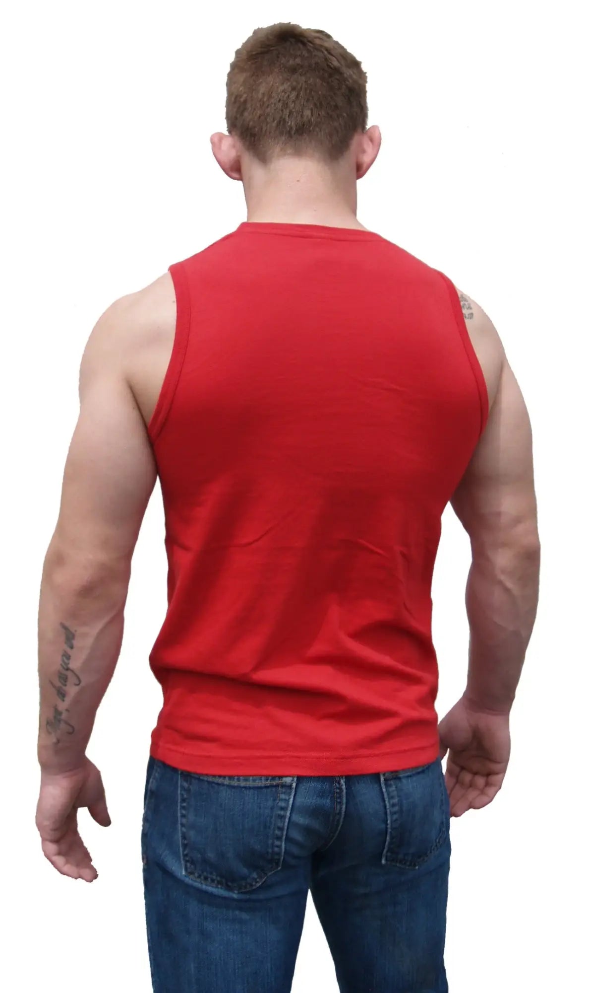Red sleeveless athletic fit barefront cotton tank top designed for comfort and performance