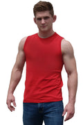 Red sleeveless athletic fit barefront cotton tank top with a crew neckline for activewear use