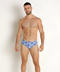 Redondo swim brief blue and white geometric patterned swim trunks designed for comfortable water activities