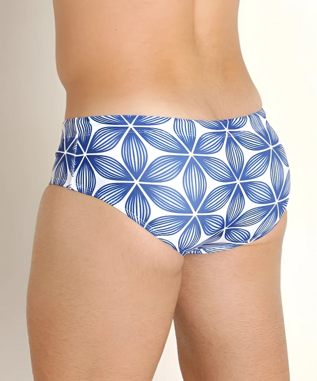 Redondo swim brief blue and white patterned with geometric floral design ideal for beach and pool use