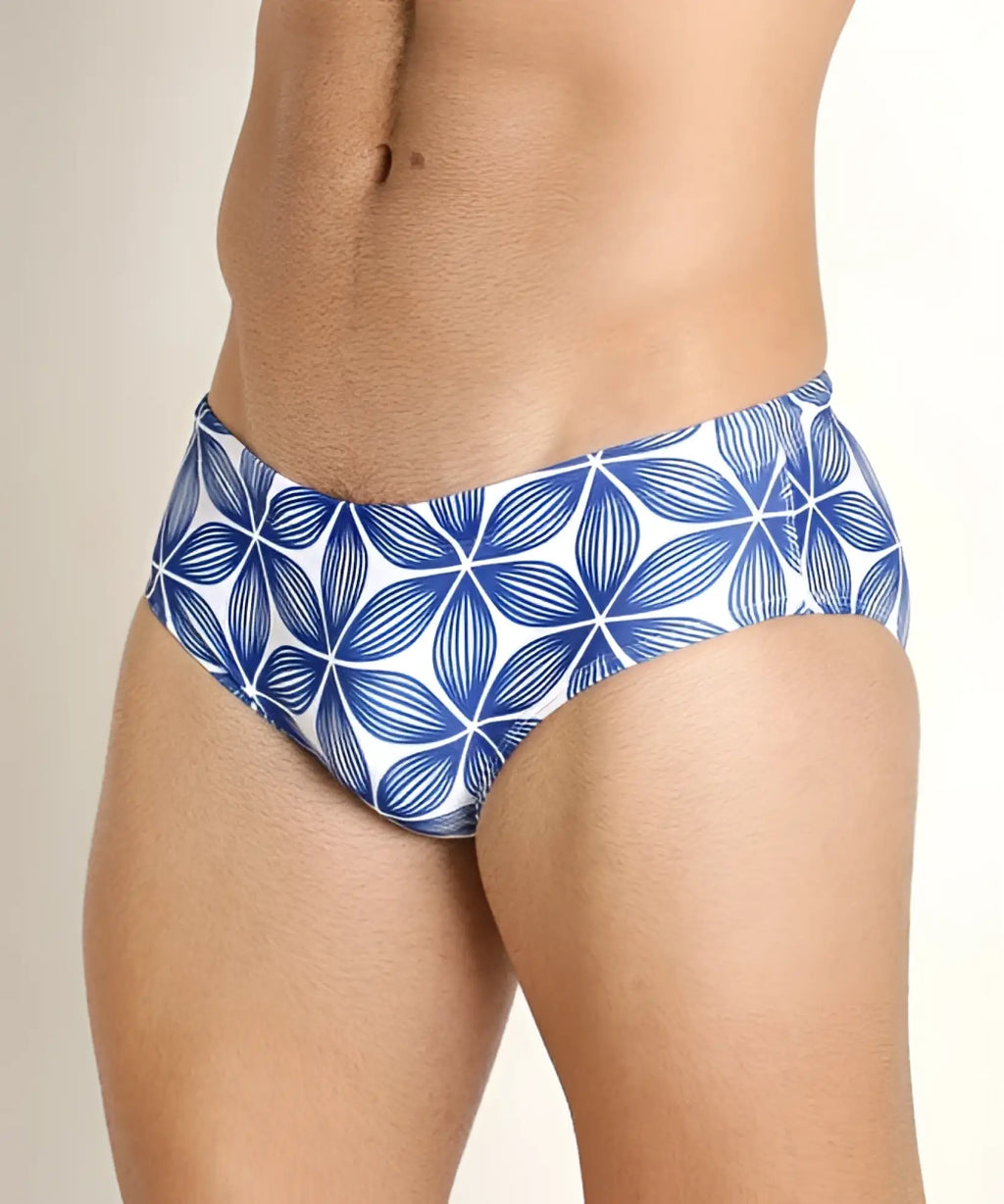 Redondo swim brief in blue and white with a geometric floral pattern designed for comfortable swimwear use