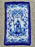 Rei netuno blue and white patterned cotton canga de praia beach towel sarong with central merman and sea motifs