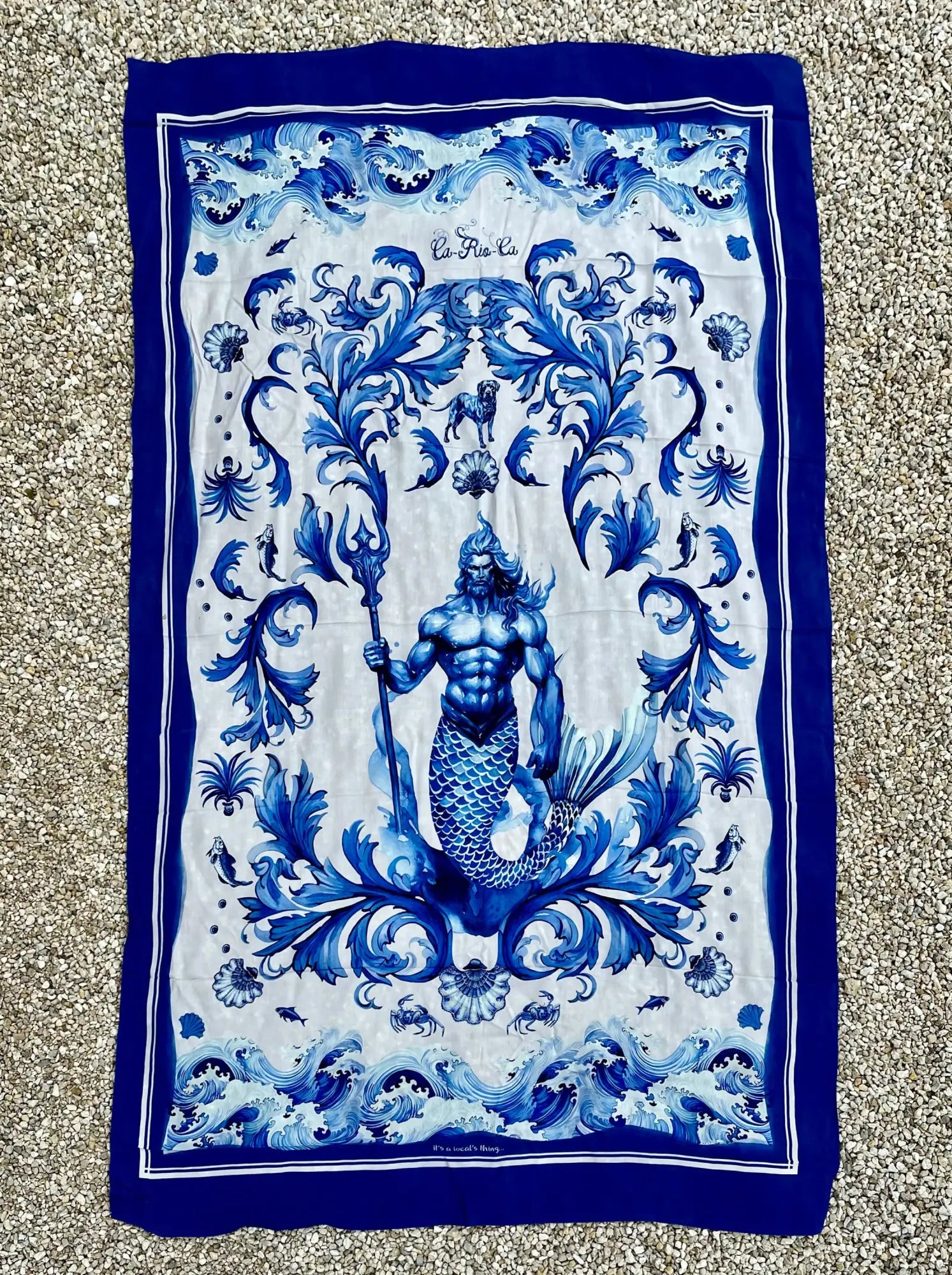 Rei netuno blue and white patterned cotton canga de praia beach towel sarong with central merman and sea motifs