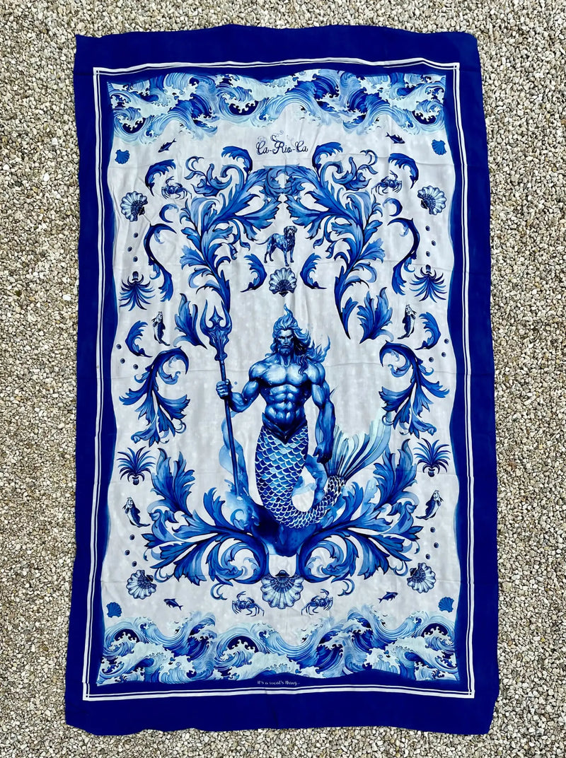 Rei netuno blue and white patterned cotton canga de praia beach towel sarong with central merman and sea motifs