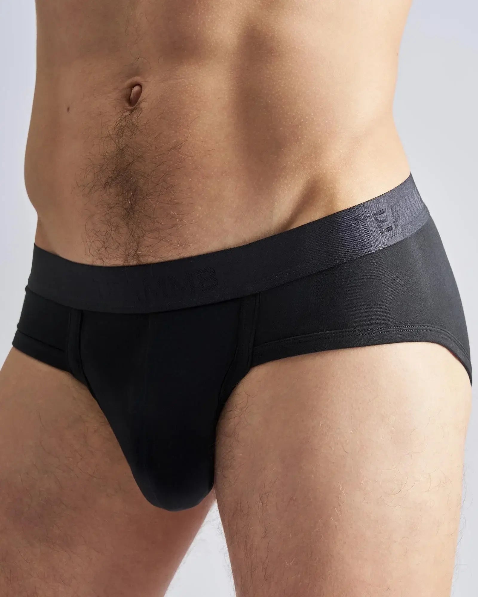 Black reign brief men’s briefs with dark gray elastic waistband featuring subtle team logo for everyday comfort