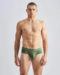Olive green reign brief men’s briefs with smooth stretchy fabric and subtle brand logo on the waistband