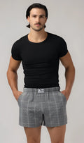 Relax boxer with pockets gray plaid boxer shorts with white grid pattern and elastic waistband with logo tag