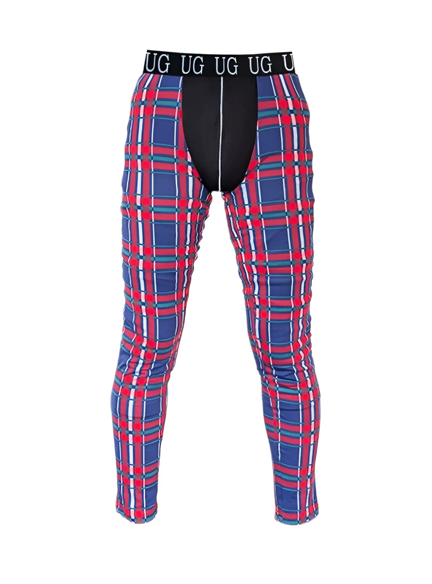 Blue red and white plaid patterned men’s Relax Contrast Leggings underwear with black ug branded waistband
