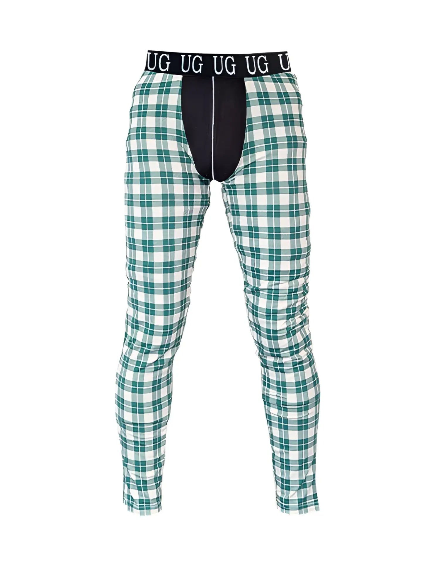 Green and white plaid men’s underwear with a black waistband and ug logo designed as relax contrast leggings