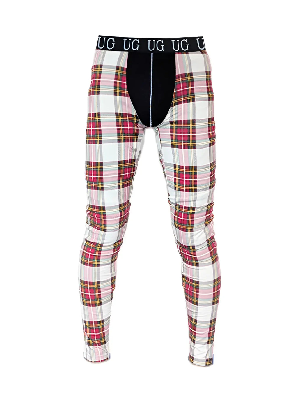 Plaid-patterned men’s underwear with black waistband and ug branding in relaxed contrast leggings style