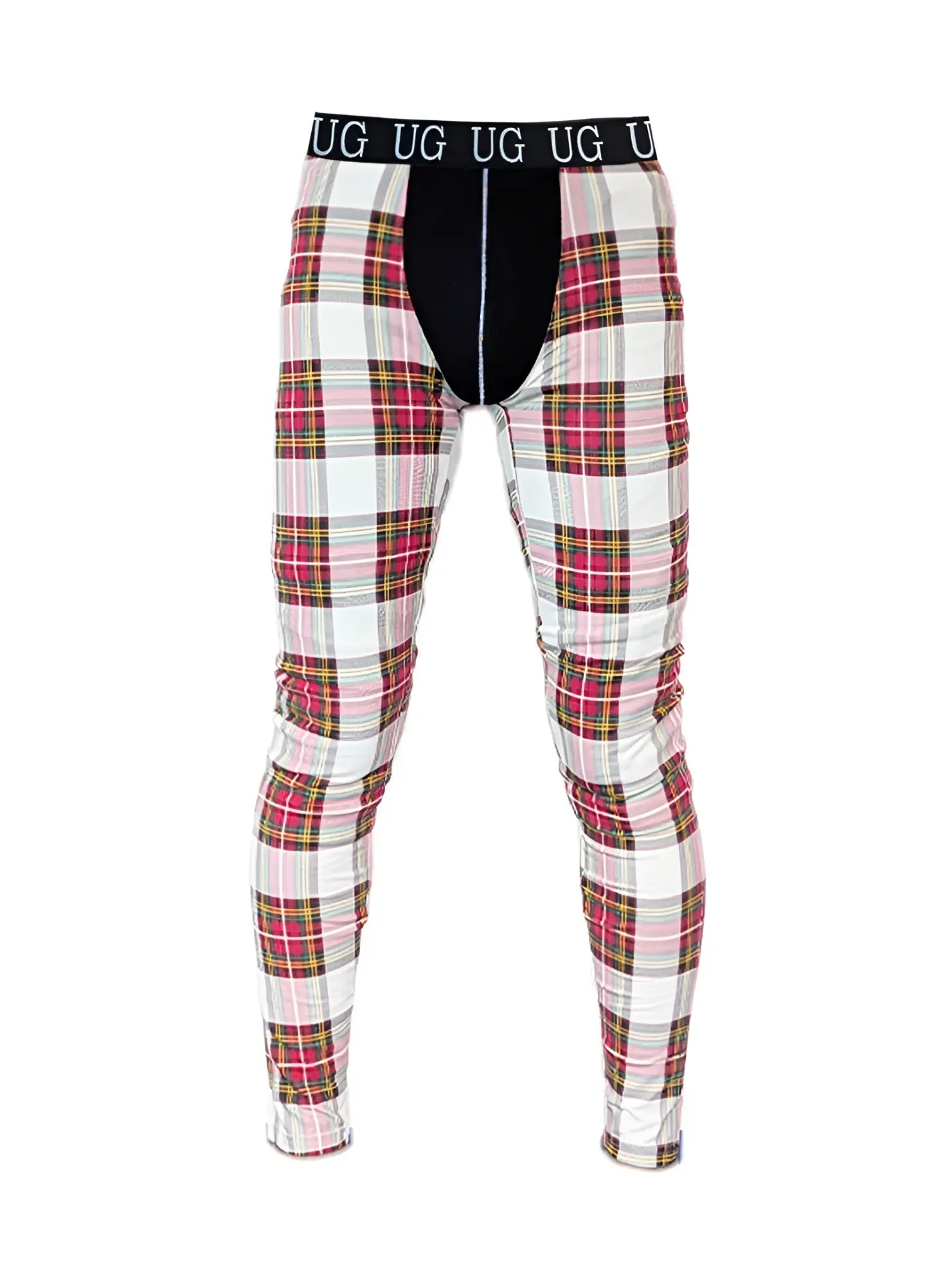 Plaid-patterned men’s underwear with black waistband and ug branding in relaxed contrast leggings style