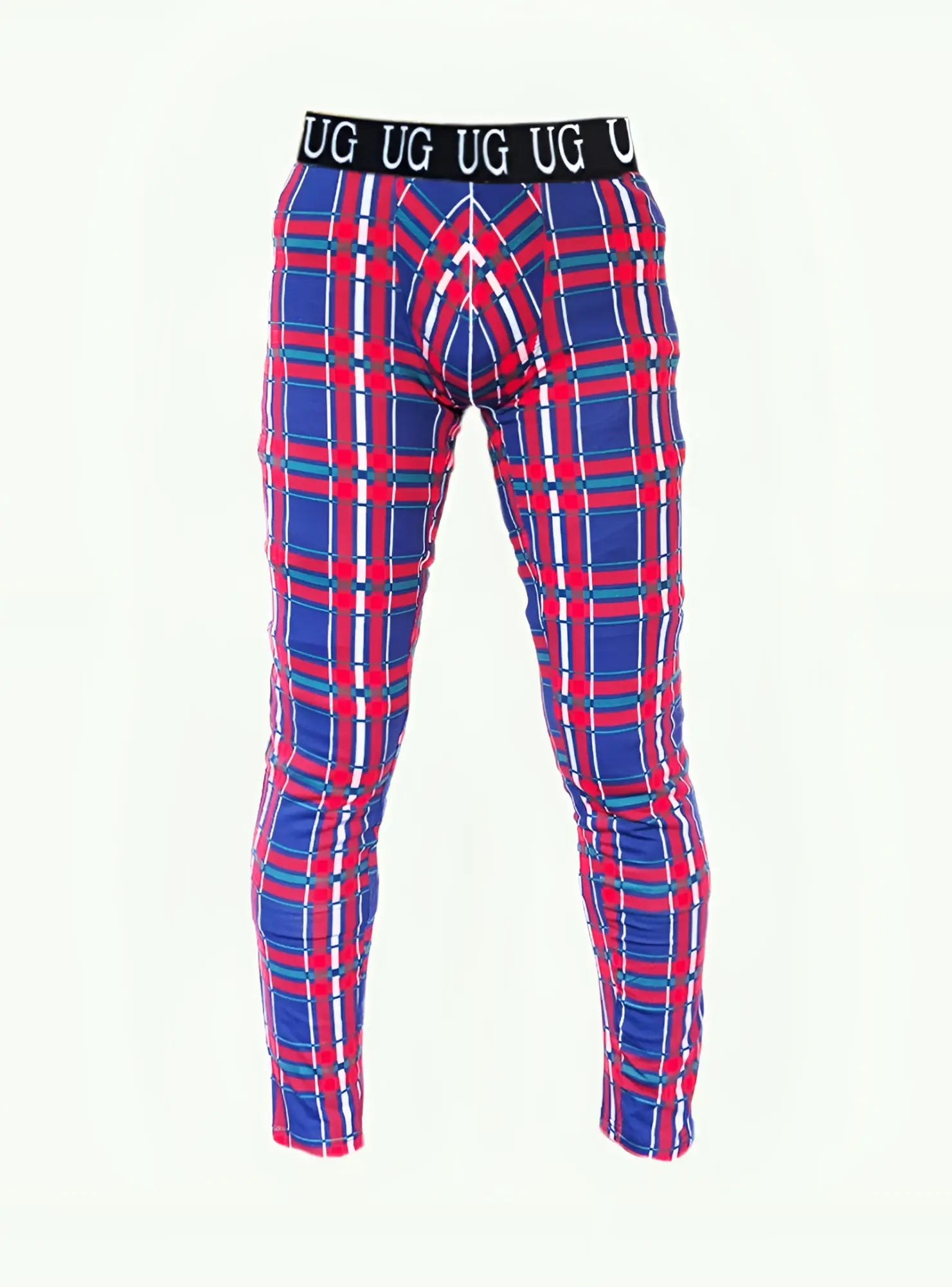 Blue and red plaid patterned ug underwear with black waistband and logo featured in relax leggings product image