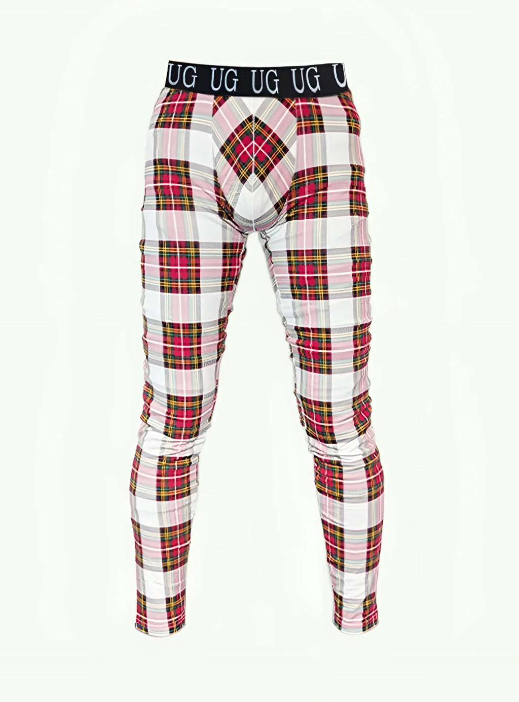 Plaid-patterned ug underwear with black waistband and repeating ug branding designed for comfort in relax leggings style