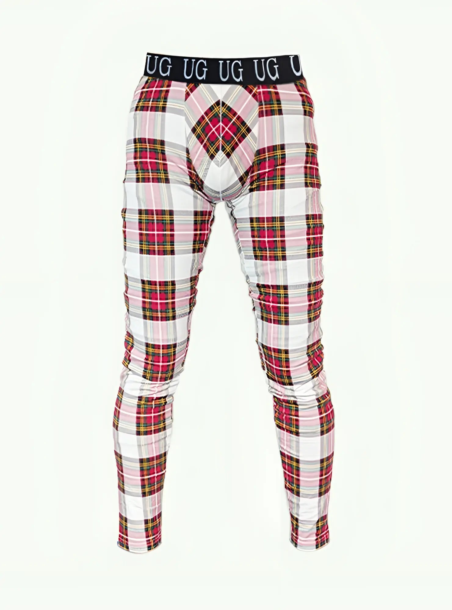 Plaid-patterned ug underwear with black waistband and repeating ug branding designed for comfort in relax leggings style