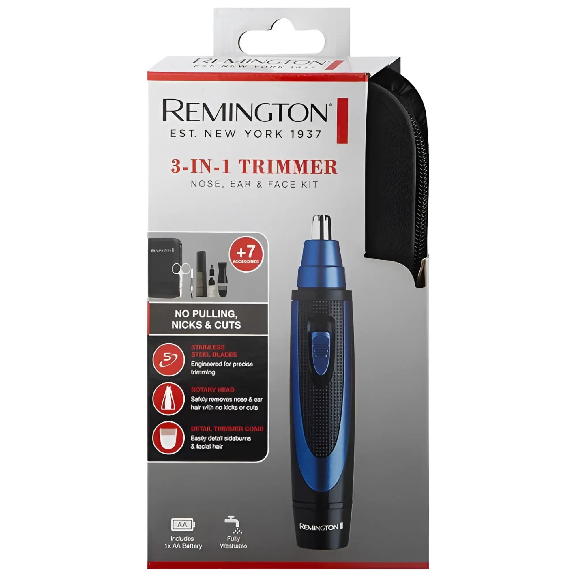 Blue and black Remington 3-in-1 nose ear and face trimmer with stainless steel blades for precise grooming NE118AU