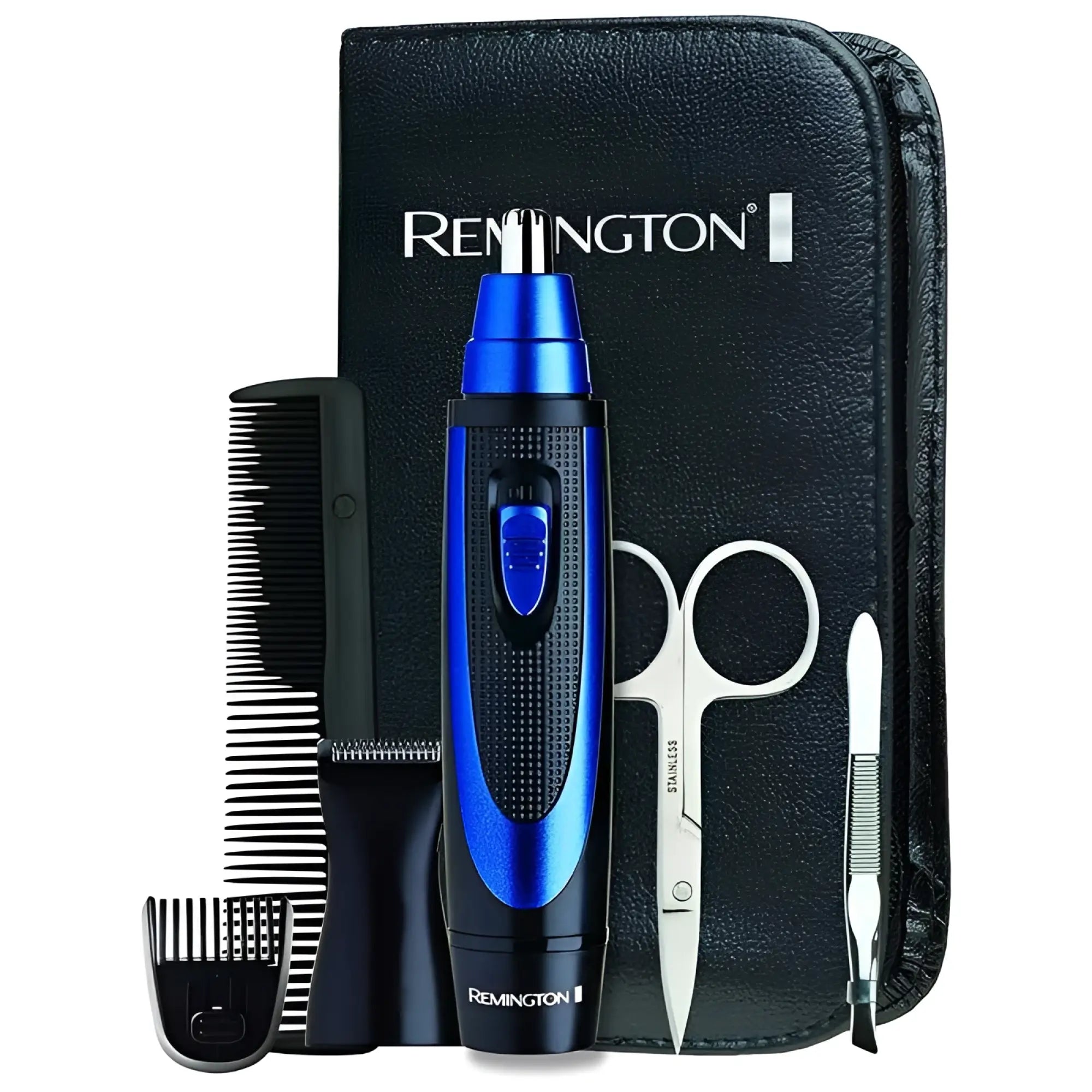 Blue and black Remington 3-in-1 trimmer with textured grip and metallic tip for nose ear and face grooming NE118AU size one size