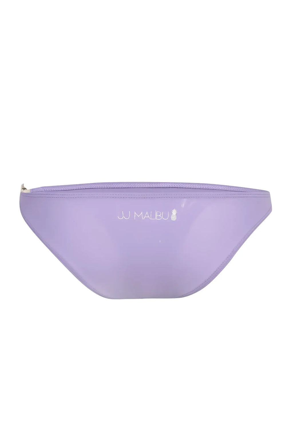 A translucent lavender JJ Malibu fanny pack with zipper closure and subtle branding paired with lavender swim briefs