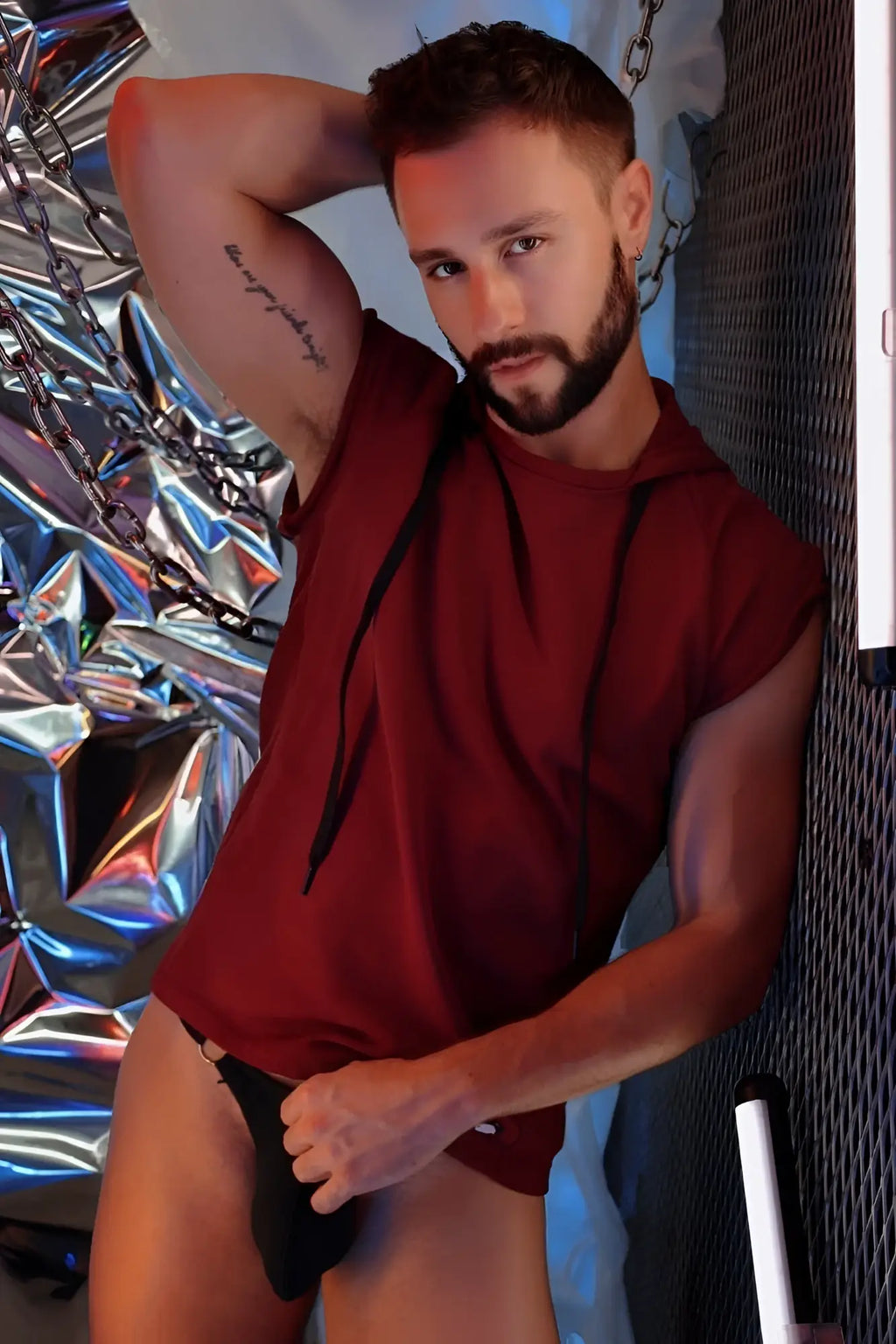 Renegade raw hoodie maroon sleeveless hoodie with black drawstrings casual lightweight activewear top