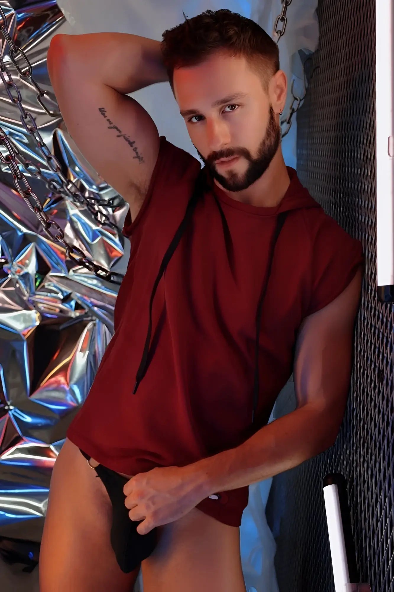 Renegade raw hoodie maroon sleeveless hoodie with black drawstrings casual lightweight activewear top