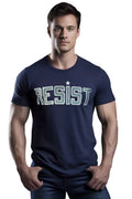 Navy blue premium cotton t-shirt with resist printed in bold textured silver letters and a star above the i