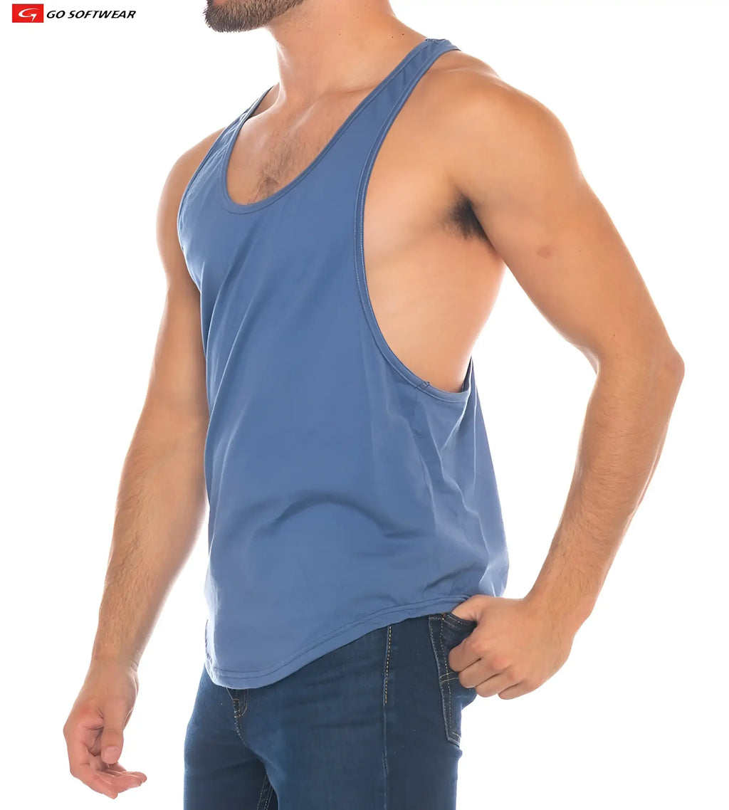 Blue cotton resort athletic tank top with scoop neckline and side seam detail for comfortable workouts