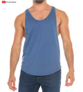 Blue sleeveless resort athletic tank top with rounded neckline and curved hemline for activewear use