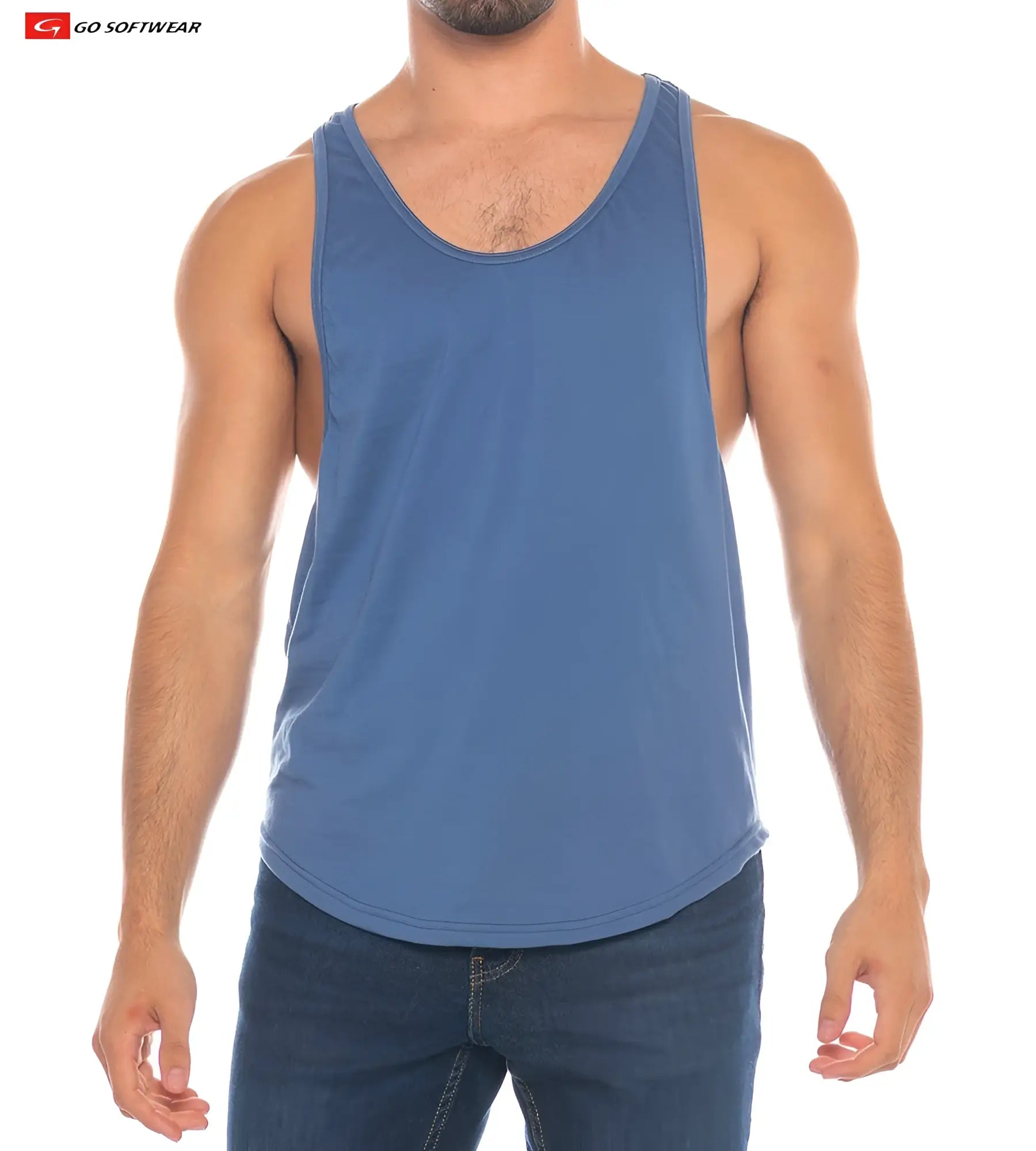 Blue sleeveless resort athletic tank top with rounded neckline and curved hemline for activewear use