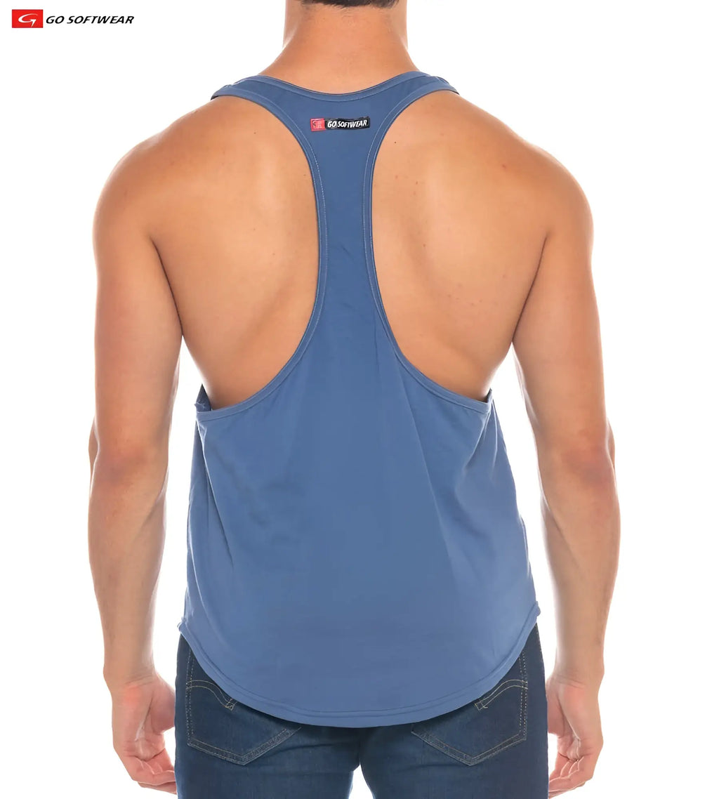 Back view of blue resort athletic tank top with racerback design and small brand logo on upper back