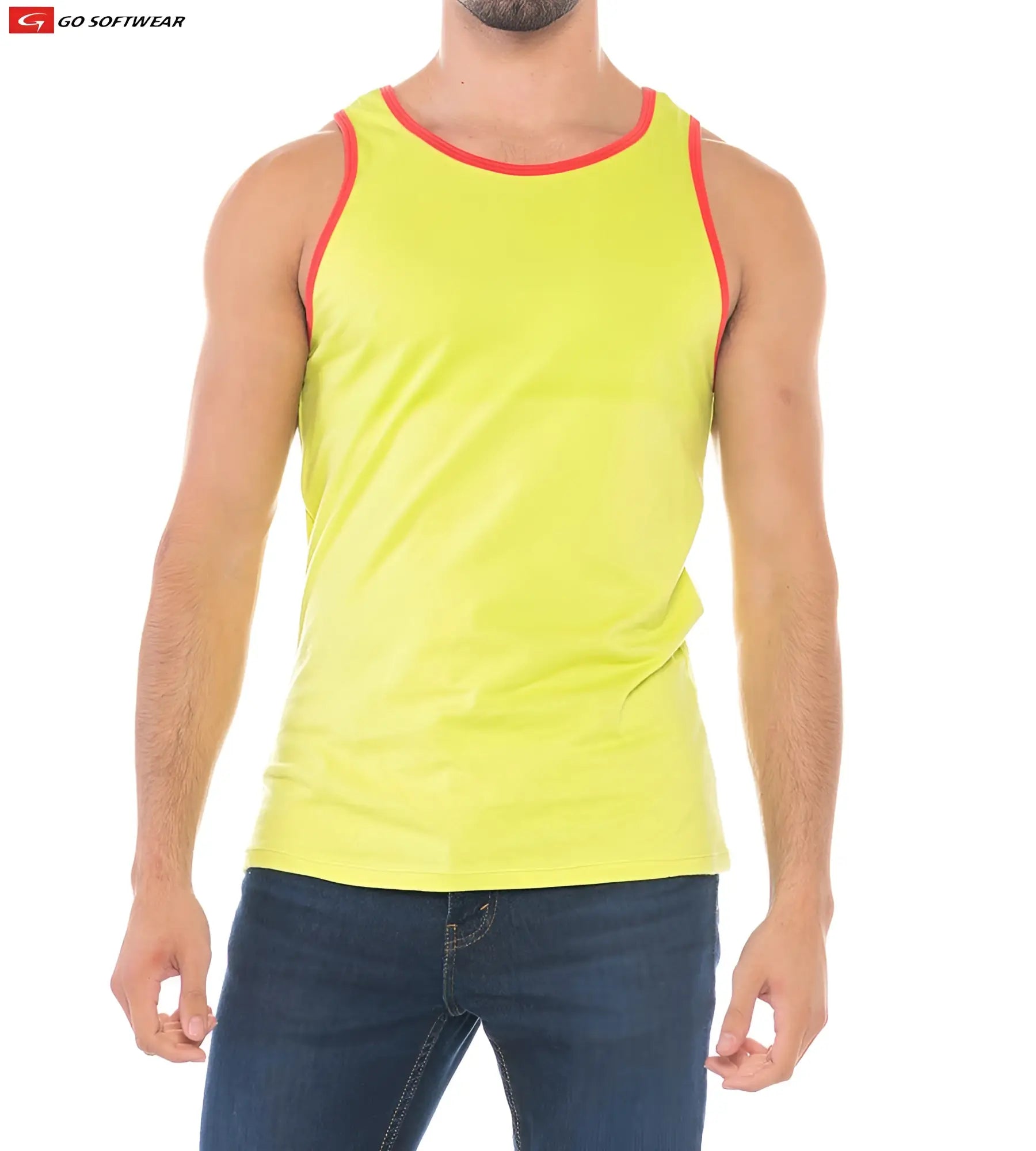 Bright neon yellow resort classic tank top with red trim perfect for casual summer wear