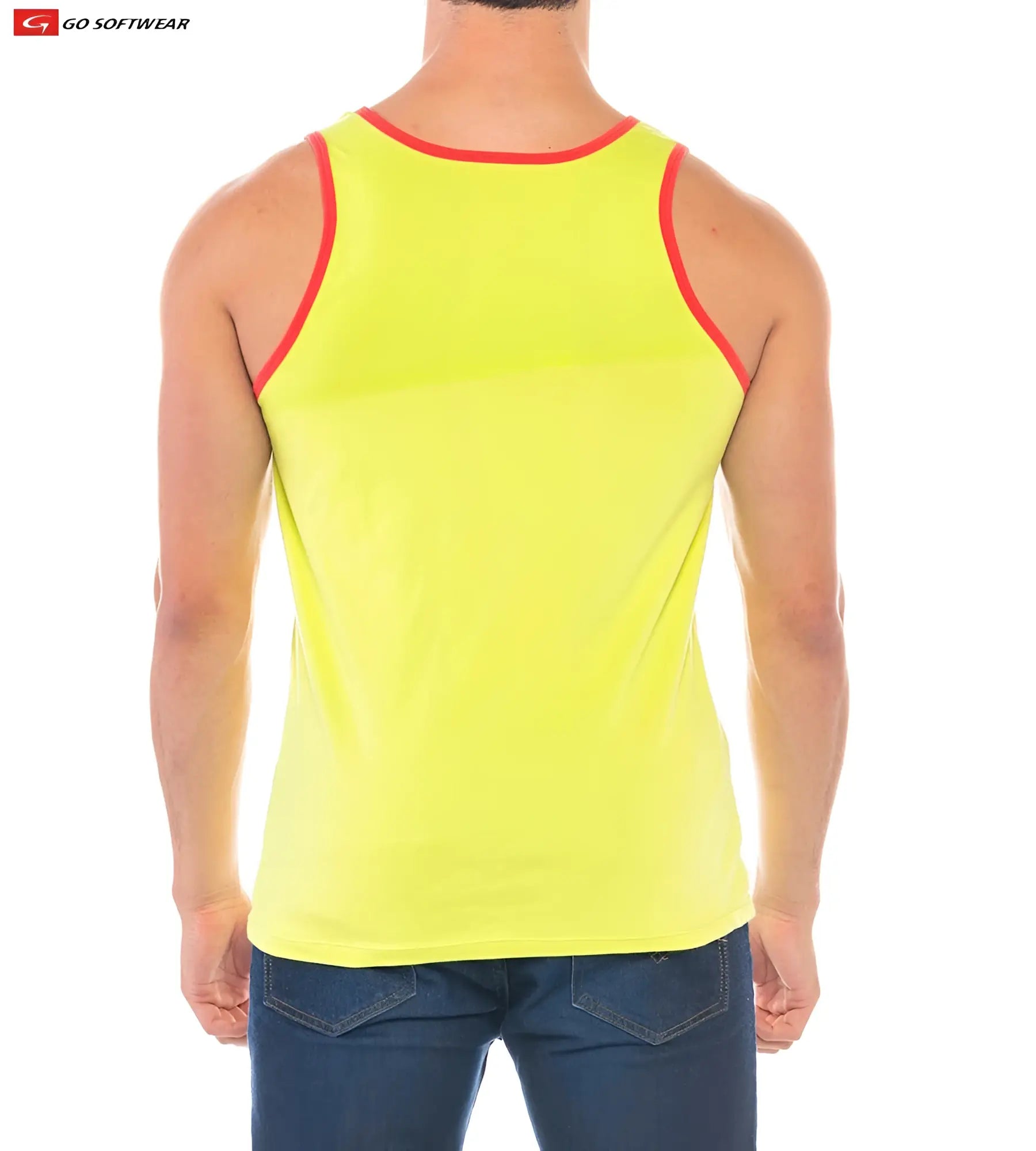 Bright neon yellow go softwear resort classic tank top with red trim along neckline and armholes in simple design