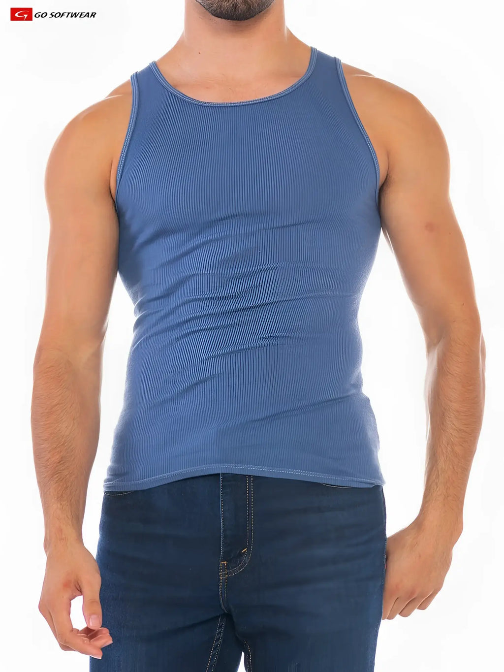 Blue ribbed cotton tank top with round neckline and seamless seams in the Resort Rib Tank style front view