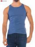 Blue ribbed cotton tank top with round neckline and seamless seams in the Resort Rib Tank style front view