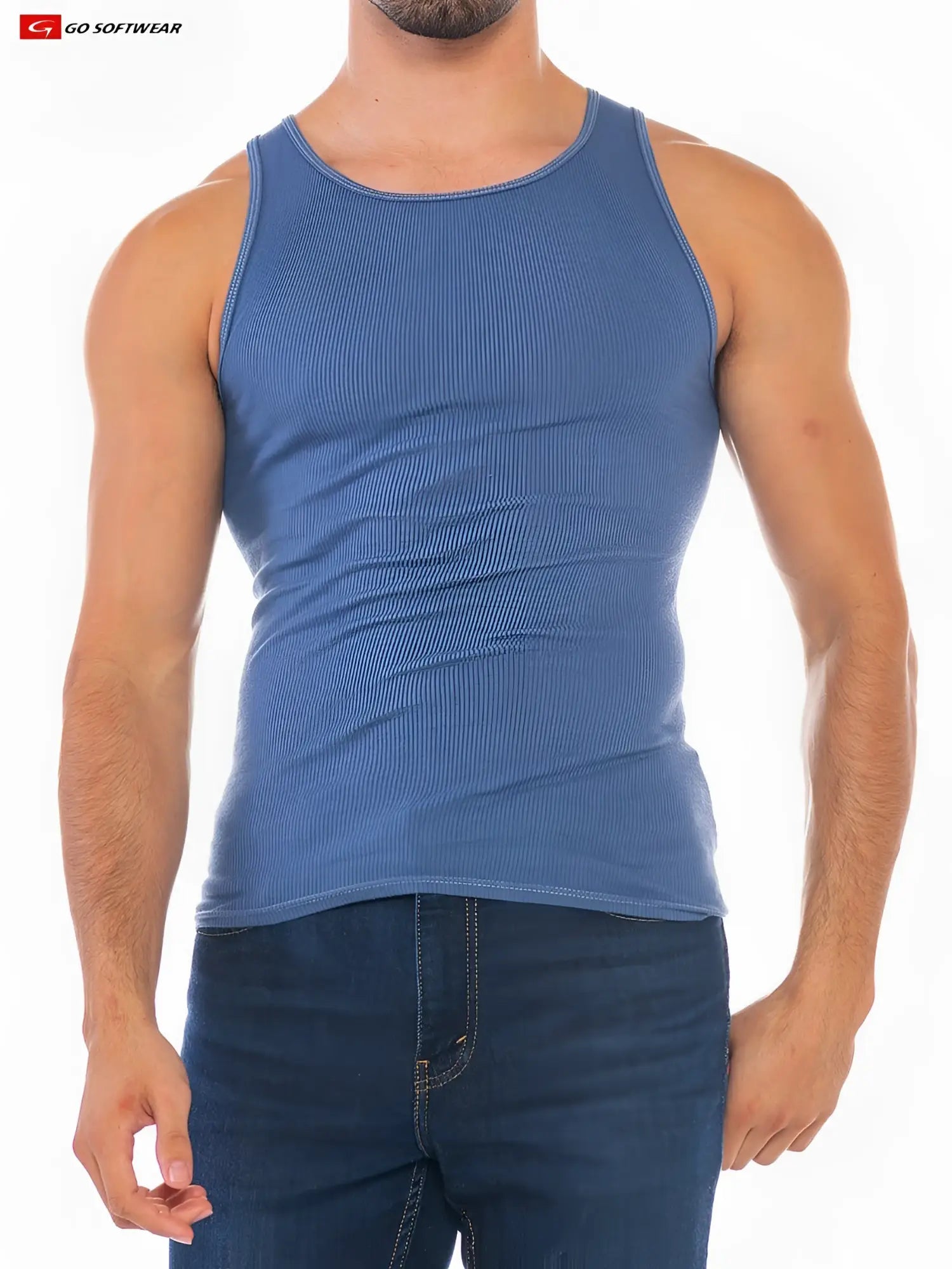 Blue ribbed cotton tank top with round neckline and seamless seams in the Resort Rib Tank style front view